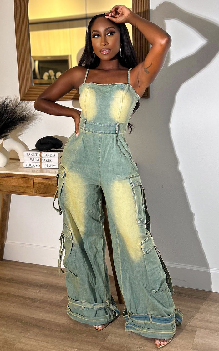 It Girl Cargo Jumpsuit Acid Wash