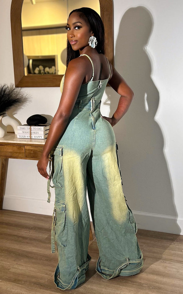 It Girl Cargo Jumpsuit Acid Wash