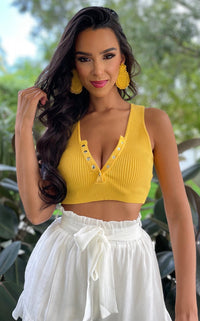 Button Ribbed Crop Top Yellow