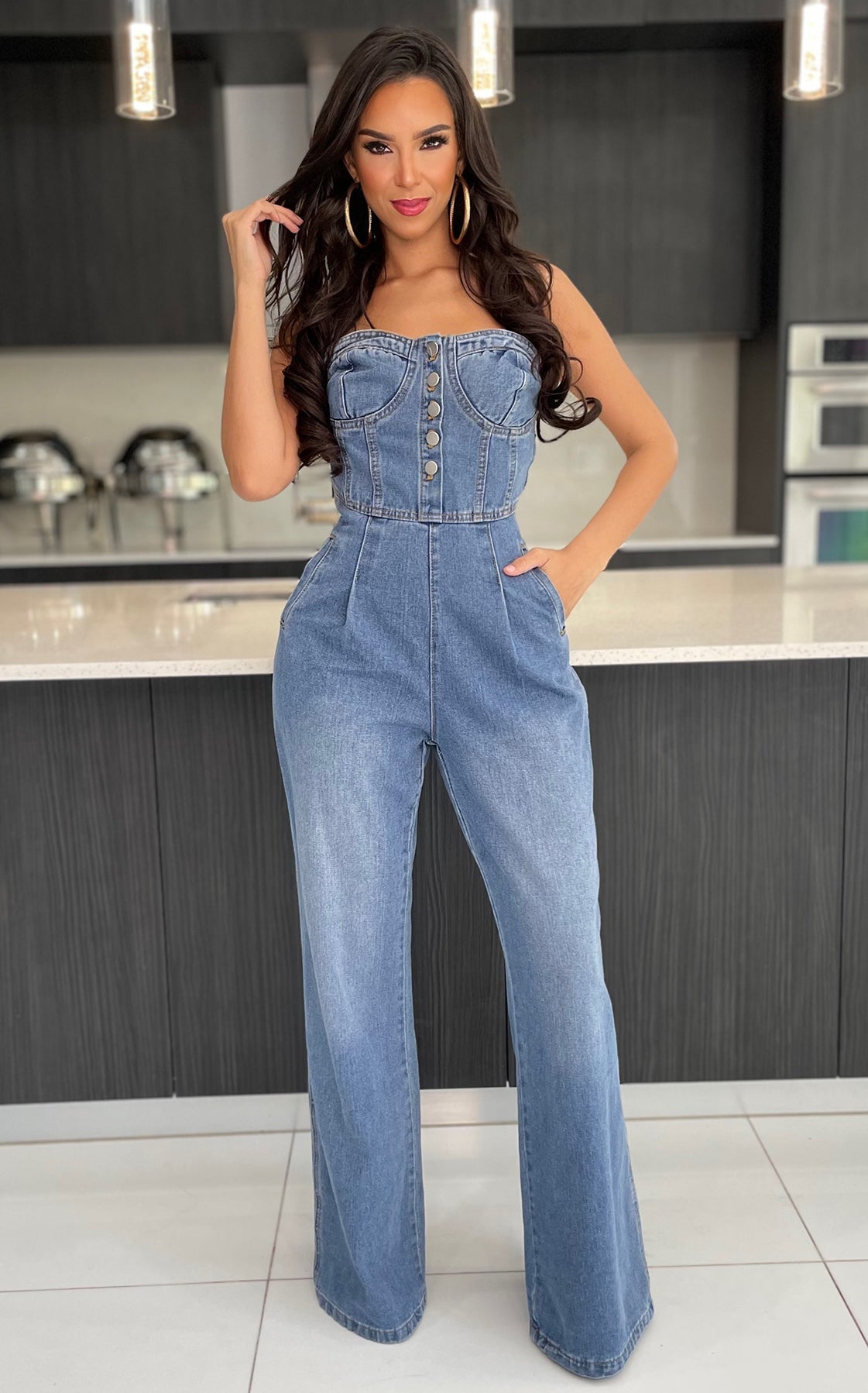 Sweetheart Button Denim Jumpsuit