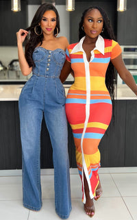 Sweetheart Button Denim Jumpsuit