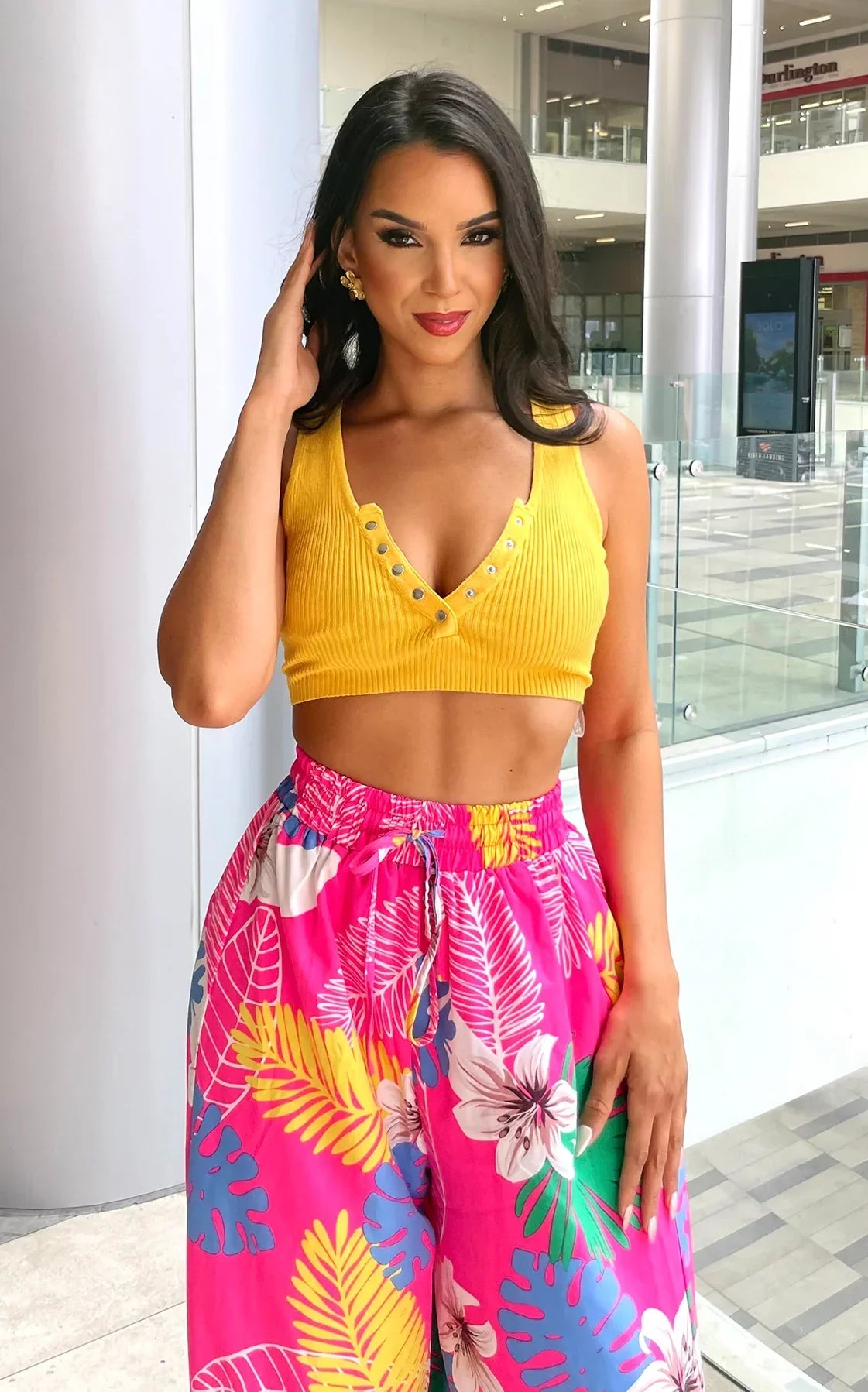 Button Ribbed Crop Top Yellow