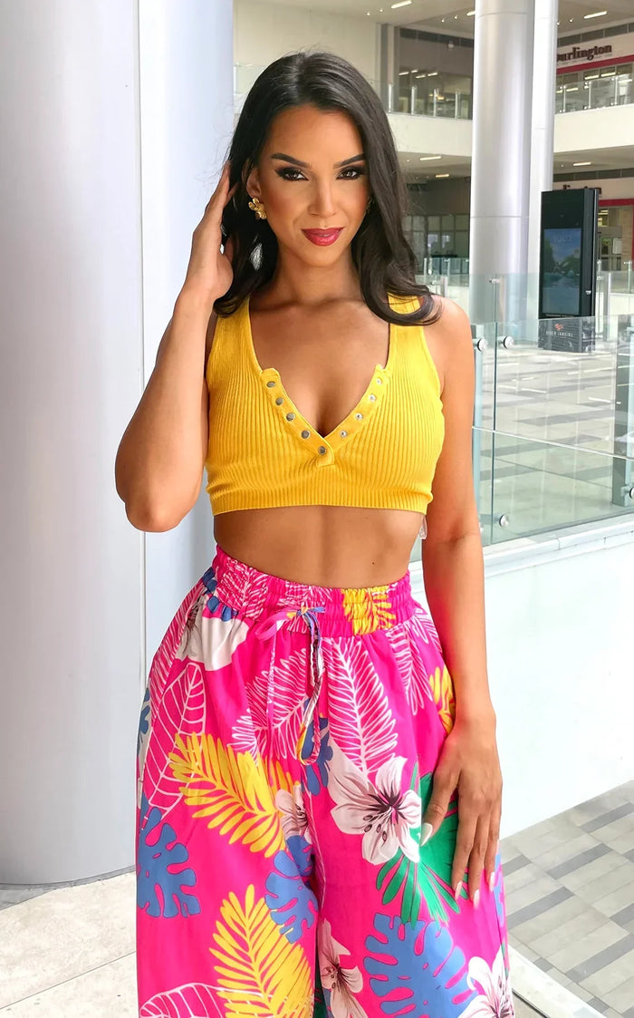 Button Ribbed Crop Top Yellow