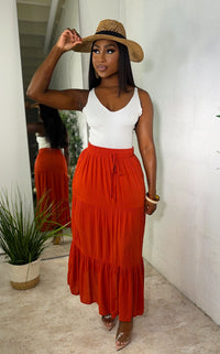 Sunburst Tiered Maxi Skirt Rust